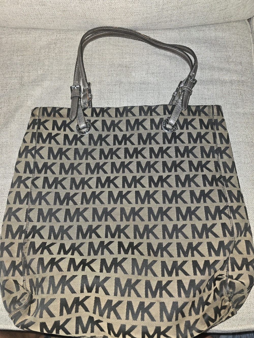 Michael Kors Tan Canvas MK Logo Tote with Black Print Used Large Travel
